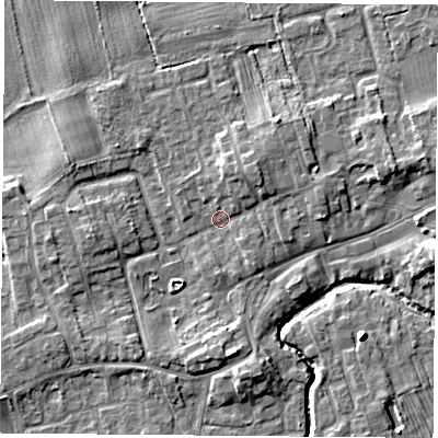 Shaded relief map of the ground around TS95DZ, computed from Environment Agency LiDAR. The ground here sits at about 67 m above sea level and falls 6 m across the surrounding 800 m. Surface water reaching this point runs off ground lying to the north-east, 3.5 m higher.