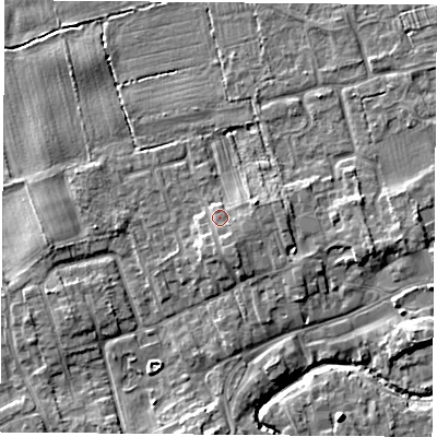 Shaded relief map of the ground around TS95EA, computed from Environment Agency LiDAR. The ground here sits at about 68 m above sea level and falls 6 m across the surrounding 800 m. Surface water reaching this point runs off ground lying to the south-south-east, 2.2 m higher.