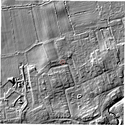 Shaded relief map of the ground around TS95ED, computed from Environment Agency LiDAR. The ground here sits at about 67 m above sea level and falls 6 m across the surrounding 800 m. Surface water reaching this point runs off ground lying to the south-south-west, 2.9 m higher.