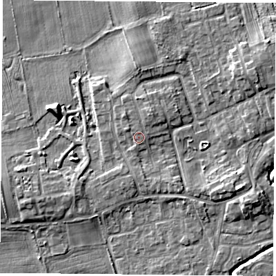 Shaded relief map of the ground around TS95EE, computed from Environment Agency LiDAR. The ground here sits at about 68 m above sea level and falls 6 m across the surrounding 800 m. Surface water reaching this point runs off ground lying to the north-north-east, 1.5 m higher.