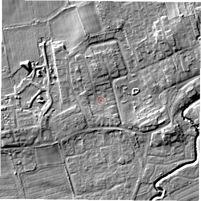 Shaded relief map of the ground around TS95EF, computed from Environment Agency LiDAR. The ground here sits at about 66 m above sea level and falls 7 m across the surrounding 800 m. Surface water reaching this point runs off ground lying to the north-east, 3.8 m higher.