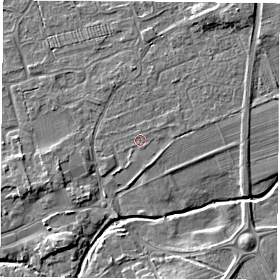 Shaded relief map of the ground around TS95EJ, computed from Environment Agency LiDAR. The ground here sits at about 68 m above sea level and falls 7 m across the surrounding 800 m. Surface water reaching this point runs off ground lying to the north-east, 0.5 m higher.