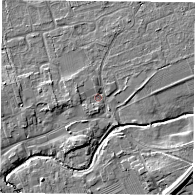Shaded relief map of the ground around TS95EN, computed from Environment Agency LiDAR. The ground here sits at about 67 m above sea level and falls 10 m across the surrounding 800 m. Surface water reaching this point runs off ground lying to the north-east, 3.0 m higher.