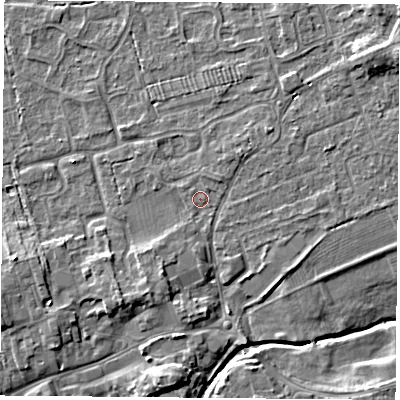 Shaded relief map of the ground around TS95EP, computed from Environment Agency LiDAR. The ground here sits at about 68 m above sea level and falls 7 m across the surrounding 800 m. Surface water reaching this point runs off ground lying to the north-east, 0.6 m higher.