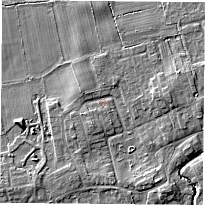 Shaded relief map of the ground around TS95EQ, computed from Environment Agency LiDAR. The ground here sits at about 67 m above sea level and falls 6 m across the surrounding 800 m. Surface water reaching this point runs off ground lying to the south-south-west, 2.9 m higher.