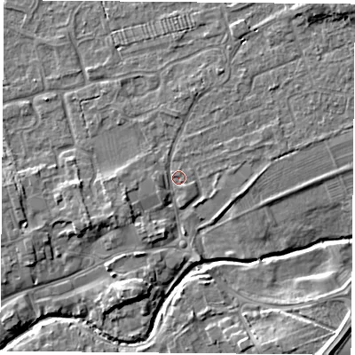 Shaded relief map of the ground around TS95ER, computed from Environment Agency LiDAR. The ground here sits at about 68 m above sea level and falls 9 m across the surrounding 800 m. Surface water reaching this point runs off ground lying to the north-east, 4.4 m higher.
