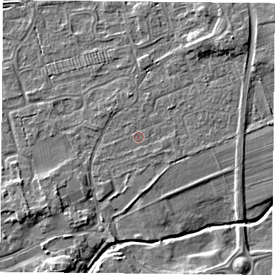 Shaded relief map of the ground around TS95ET, computed from Environment Agency LiDAR. The ground here sits at about 68 m above sea level and falls 7 m across the surrounding 800 m. Surface water reaching this point runs off ground lying to the north-east, 3.8 m higher.