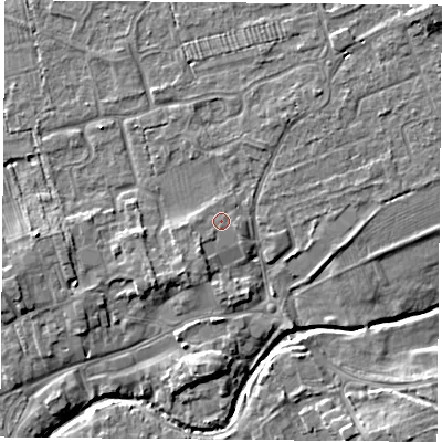 Shaded relief map of the ground around TS95EW, computed from Environment Agency LiDAR. The ground here sits at about 68 m above sea level and falls 7 m across the surrounding 800 m. Surface water reaching this point runs off ground lying to the south-west, 1.6 m higher.