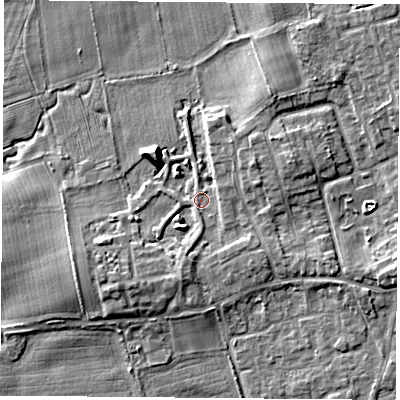 Shaded relief map of the ground around TS95FA, computed from Environment Agency LiDAR. The ground here sits at about 66 m above sea level and falls 6 m across the surrounding 800 m. Surface water reaching this point runs off ground lying to the north-east, 3.2 m higher.