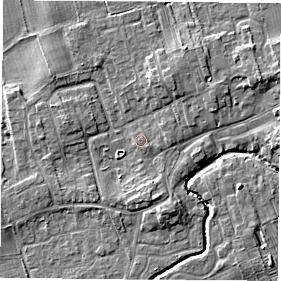 Shaded relief map of the ground around TS95FB, computed from Environment Agency LiDAR. The ground here sits at about 67 m above sea level and falls 6 m across the surrounding 800 m. Surface water reaching this point runs off ground lying to the east-south-east, 0.6 m higher.