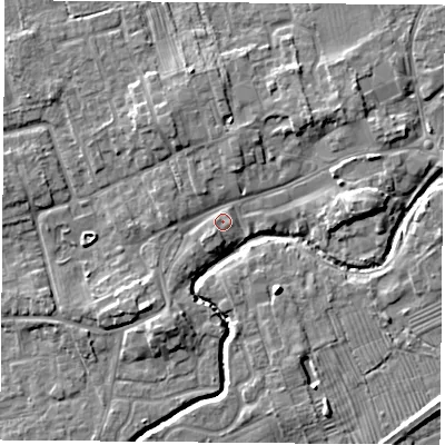 Shaded relief map of the ground around TS95FE, computed from Environment Agency LiDAR. The ground here sits at about 67 m above sea level and falls 6 m across the surrounding 800 m. Surface water reaching this point runs off ground lying to the south-west, 3.9 m higher.