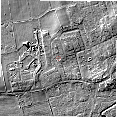Shaded relief map of the ground around TS95FH, computed from Environment Agency LiDAR. The ground here sits at about 67 m above sea level and falls 7 m across the surrounding 800 m. Surface water reaching this point runs off ground lying to the north, 1.9 m higher.