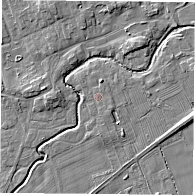 Shaded relief map of the ground around TS95FJ, computed from Environment Agency LiDAR. The ground here sits at about 67 m above sea level and falls 10 m across the surrounding 800 m. Surface water reaching this point runs off ground lying to the north-north-east, 3.1 m higher.