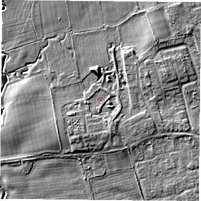 Shaded relief map of the ground around TS95FL, computed from Environment Agency LiDAR. The ground here sits at about 65 m above sea level and falls 8 m across the surrounding 800 m. Surface water reaching this point runs off ground lying to the south, 1.3 m higher.