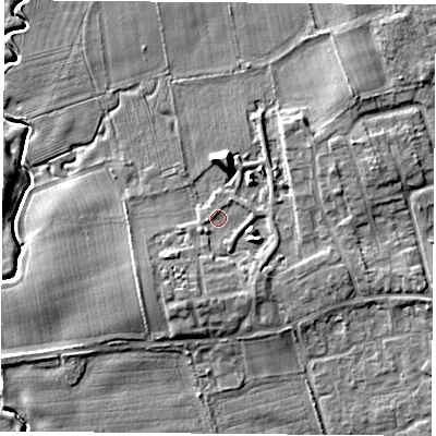 Shaded relief map of the ground around TS95FQ, computed from Environment Agency LiDAR. The ground here sits at about 66 m above sea level and falls 7 m across the surrounding 800 m. Surface water reaching this point runs off ground lying to the south-south-west, 3.1 m higher.
