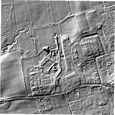 Shaded relief map of the ground around TS95FR, computed from Environment Agency LiDAR. The ground here sits at about 65 m above sea level and falls 6 m across the surrounding 800 m. Surface water reaching this point runs off ground lying to the east-north-east, 3.5 m higher.