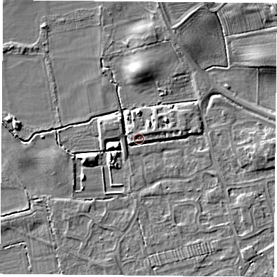 Shaded relief map of the ground around TS95FT, computed from Environment Agency LiDAR. The ground here sits at about 69 m above sea level and falls 9 m across the surrounding 800 m. Surface water reaching this point runs off ground lying to the east, 4.3 m higher.