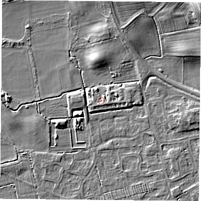 Shaded relief map of the ground around TS95FU, computed from Environment Agency LiDAR. The ground here sits at about 69 m above sea level and falls 13 m across the surrounding 800 m. Surface water reaching this point runs off ground lying to the south-south-east, 1.7 m higher.