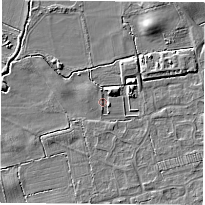 Shaded relief map of the ground around TS95FY, computed from Environment Agency LiDAR. The ground here sits at about 67 m above sea level and falls 6 m across the surrounding 800 m. Surface water reaching this point runs off ground lying to the east-north-east, 4.6 m higher.