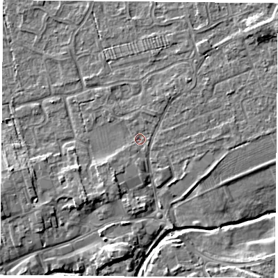 Shaded relief map of the ground around TS95GH, computed from Environment Agency LiDAR. The ground here sits at about 68 m above sea level and falls 7 m across the surrounding 800 m. Surface water reaching this point runs off ground lying to the north-north-east, 0.8 m higher.