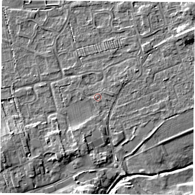 Shaded relief map of the ground around TS95GJ, computed from Environment Agency LiDAR. The ground here sits at about 68 m above sea level and falls 7 m across the surrounding 800 m. Surface water reaching this point runs off ground lying to the east, 0.5 m higher.