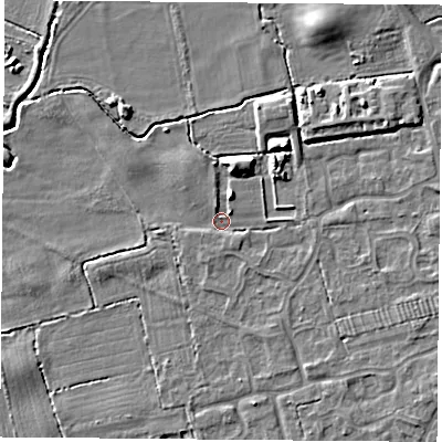 Shaded relief map of the ground around TS95GL, computed from Environment Agency LiDAR. The ground here sits at about 67 m above sea level and falls 6 m across the surrounding 800 m. Surface water reaching this point runs off ground lying to the north-east, 1.8 m higher.