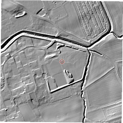 Shaded relief map of the ground around TS95GN, computed from Environment Agency LiDAR. The ground here sits at about 71 m above sea level and falls 12 m across the surrounding 800 m. Surface water reaching this point runs off ground lying to the south-south-east, 1.8 m higher.