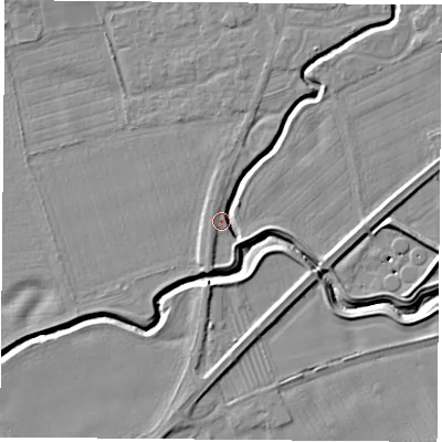 Shaded relief map of the ground around TS95GY, computed from Environment Agency LiDAR. The ground here sits at about 66 m above sea level and falls 7 m across the surrounding 800 m. Surface water reaching this point runs off ground lying to the north-east, 4.8 m higher.