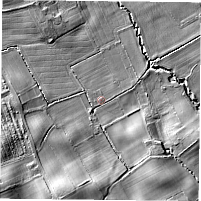 Shaded relief map of the ground around TS95JG, computed from Environment Agency LiDAR. The ground here sits at about 75 m above sea level and falls 13 m across the surrounding 800 m. Surface water reaching this point runs off ground lying to the south-east, 8.9 m higher.