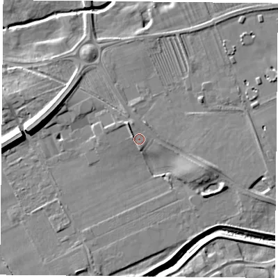 Shaded relief map of the ground around TS95JJ, computed from Environment Agency LiDAR. The ground here sits at about 70 m above sea level and falls 9 m across the surrounding 800 m. Surface water reaching this point runs off ground lying to the north-west, 1.8 m higher.