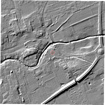 Shaded relief map of the ground around TS95JL, computed from Environment Agency LiDAR. The ground here sits at about 68 m above sea level and falls 10 m across the surrounding 800 m. Surface water reaching this point runs off ground lying to the south-south-west, 1.0 m higher.