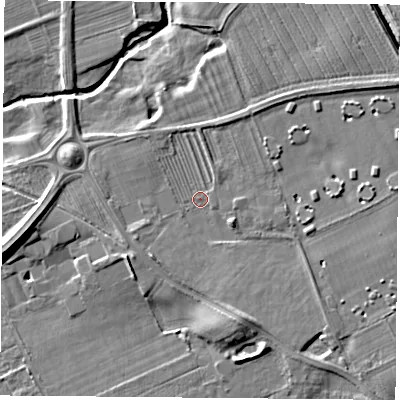 Shaded relief map of the ground around TS95JN, computed from Environment Agency LiDAR. The ground here sits at about 69 m above sea level and falls 8 m across the surrounding 800 m. Surface water reaching this point runs off ground lying to the east-north-east, 3.6 m higher.