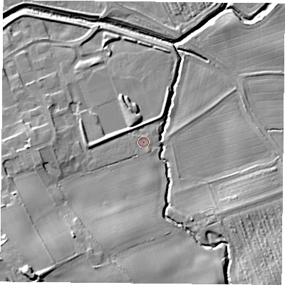 Shaded relief map of the ground around TS95JQ, computed from Environment Agency LiDAR. The ground here sits at about 71 m above sea level and falls 19 m across the surrounding 800 m. Surface water reaching this point runs off ground lying to the south-west, 13.3 m higher.