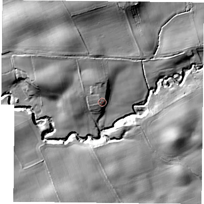 Shaded relief map of the ground around TS95JR, computed from Environment Agency LiDAR. The ground here sits at about 84 m above sea level and falls 18 m across the surrounding 800 m. Surface water reaching this point runs off ground lying to the north-west, 5.3 m higher.
