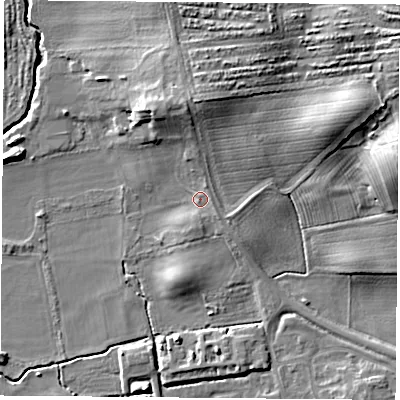 Shaded relief map of the ground around TS95JS, computed from Environment Agency LiDAR. The ground here sits at about 70 m above sea level and falls 17 m across the surrounding 800 m. Surface water reaching this point runs off ground lying to the east-south-east, 1.8 m higher.