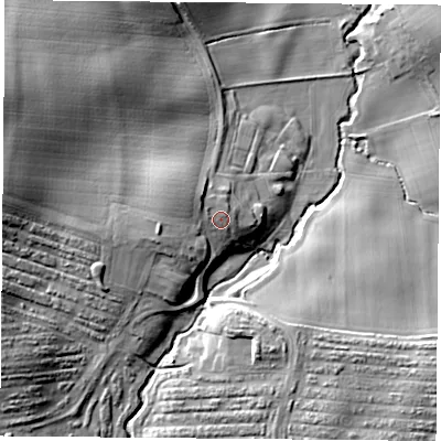 Shaded relief map of the ground around TS95JT, computed from Environment Agency LiDAR. The ground here sits at about 78 m above sea level and falls 22 m across the surrounding 800 m. Surface water reaching this point runs off ground lying to the west-north-west, 2.1 m higher.