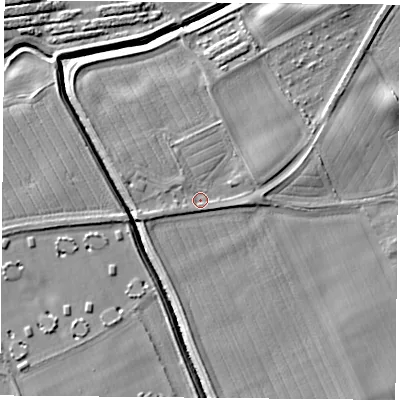 Shaded relief map of the ground around TS95JW, computed from Environment Agency LiDAR. The ground here sits at about 72 m above sea level and falls 8 m across the surrounding 800 m. Surface water reaching this point runs off ground lying to the north-east, 3.0 m higher.