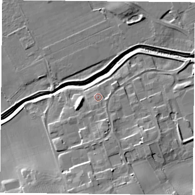 Shaded relief map of the ground around TS95JZ, computed from Environment Agency LiDAR. The ground here sits at about 71 m above sea level and falls 13 m across the surrounding 800 m. Surface water reaching this point runs off ground lying to the south-south-east, 1.5 m higher.