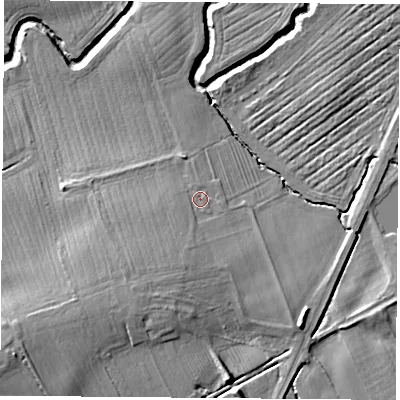 Shaded relief map of the ground around TS95LB, computed from Environment Agency LiDAR. The ground here sits at about 65 m above sea level and falls 15 m across the surrounding 800 m. Surface water reaching this point runs off ground lying to the south-south-west, 4.7 m higher.