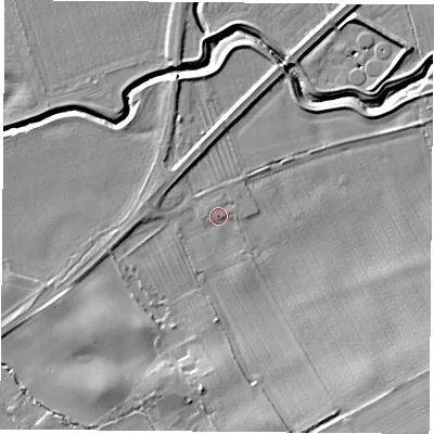 Shaded relief map of the ground around TS95LD, computed from Environment Agency LiDAR. The ground here sits at about 65 m above sea level and falls 12 m across the surrounding 800 m. Surface water reaching this point runs off ground lying to the south-east, 9.8 m higher.