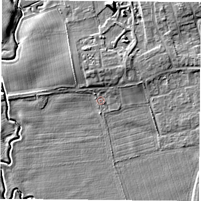 Shaded relief map of the ground around TS95LE, computed from Environment Agency LiDAR. The ground here sits at about 65 m above sea level and falls 8 m across the surrounding 800 m. Surface water reaching this point runs off ground lying to the north-north-west, 3.8 m higher.