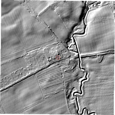 Shaded relief map of the ground around TS95LF, computed from Environment Agency LiDAR. The ground here sits at about 67 m above sea level and falls 7 m across the surrounding 800 m. Surface water reaching this point runs off ground lying to the north, 1.2 m higher.