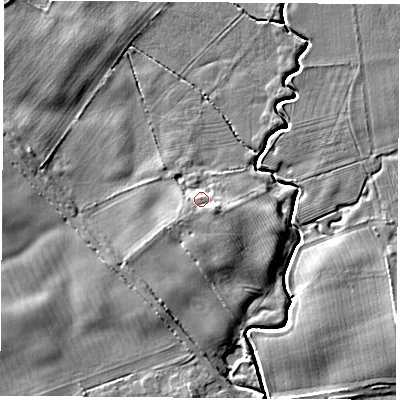 Shaded relief map of the ground around TS95NL, computed from Environment Agency LiDAR. The ground here sits at about 67 m above sea level and falls 6 m across the surrounding 800 m. Surface water reaching this point runs off ground lying to the south-east, 1.7 m higher.