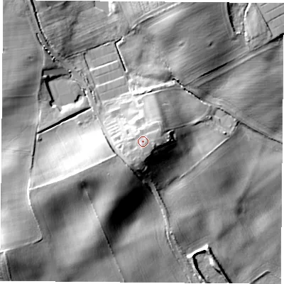 Shaded relief map of the ground around TS95NQ, computed from Environment Agency LiDAR. The ground here sits at about 86 m above sea level and falls 23 m across the surrounding 800 m. Surface water reaching this point runs off ground lying to the south-east, 1.3 m higher.