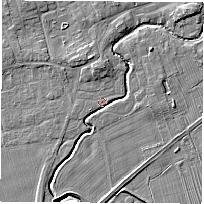 Shaded relief map of the ground around TS95NS, computed from Environment Agency LiDAR. The ground here sits at about 66 m above sea level and falls 8 m across the surrounding 800 m. Surface water reaching this point runs off ground lying to the north-north-west, 6.3 m higher.