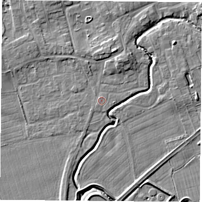 Shaded relief map of the ground around TS95NT, computed from Environment Agency LiDAR. The ground here sits at about 66 m above sea level and falls 8 m across the surrounding 800 m. Surface water reaching this point runs off ground lying to the north-north-east, 3.6 m higher.