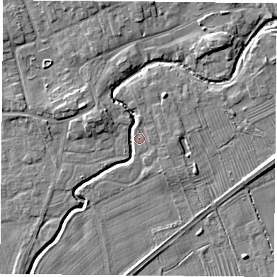Shaded relief map of the ground around TS95NU, computed from Environment Agency LiDAR. The ground here sits at about 67 m above sea level and falls 8 m across the surrounding 800 m. Surface water reaching this point runs off ground lying to the north-east, 6.2 m higher.