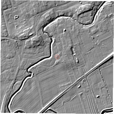 Shaded relief map of the ground around TS95NX, computed from Environment Agency LiDAR. The ground here sits at about 67 m above sea level and falls 9 m across the surrounding 800 m. Surface water reaching this point runs off ground lying to the east-south-east, 1.2 m higher.