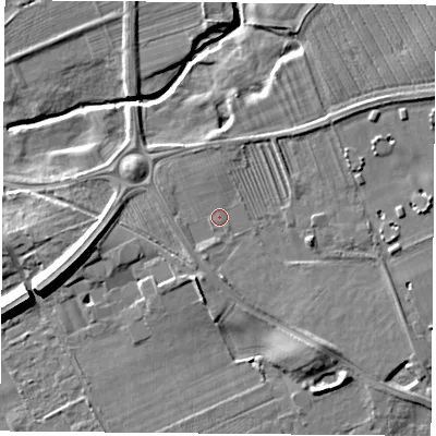 Shaded relief map of the ground around TS95NY, computed from Environment Agency LiDAR. The ground here sits at about 69 m above sea level and falls 9 m across the surrounding 800 m. Surface water reaching this point runs off ground lying to the south-south-west, 3.1 m higher.