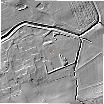 Shaded relief map of the ground around TS95NZ, computed from Environment Agency LiDAR. The ground here sits at about 71 m above sea level and falls 12 m across the surrounding 800 m. The ground contributing surface water to this point lies to the south-south-east.
